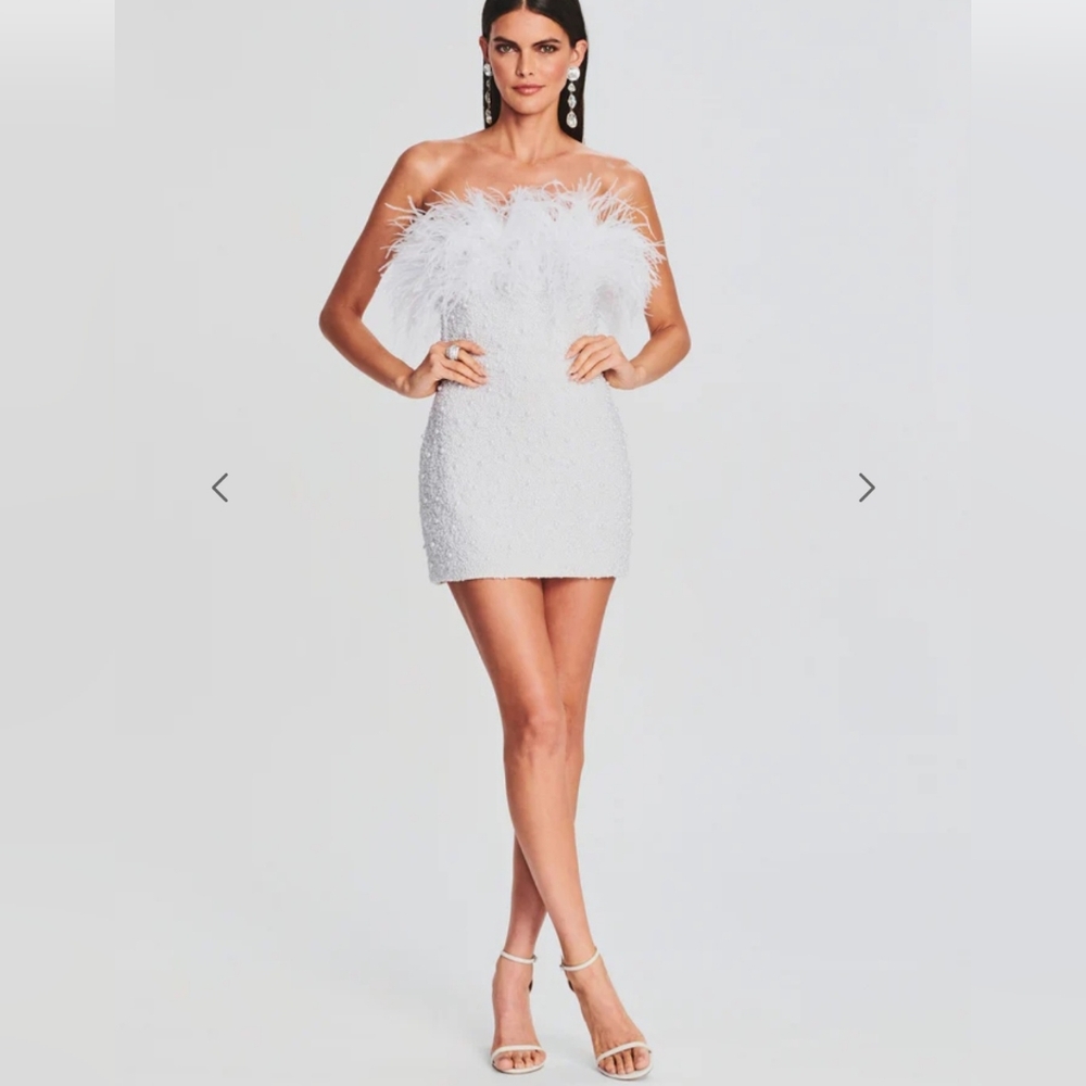 Retrofete White Feathered Mini Dress